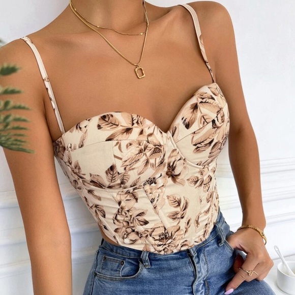 Boho Floral Print Lace up Cami Corset Cropped Top - Picture 2 of 7